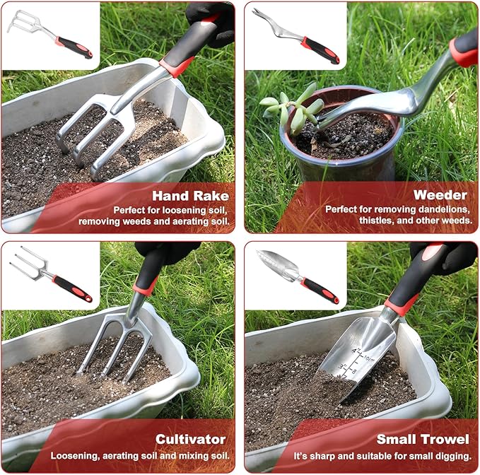 Garden Tool Set with Non Slip Rubber Grip,8 Piece Stainless Steel Gardening Tool Sets,Heavy Duty Outdoor Hand Tools Durable Storage Tote Bag,Uprooting Weeding Tool, Gifts for Women Men(Red)