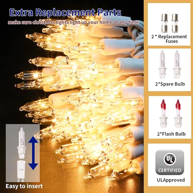 Ultra-Bright Connects End to End Warm White Christmas Mini Light 300L 63.8Ft(2Sets-Each 150L)UL Listed Incandescent Bulb String Light for Indoor Outdoor Holiday Garden Christmas Tree Decor