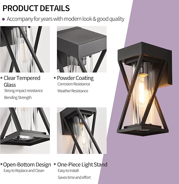 Outdoor Wall Lights Set of 2, Exterior Sconce Lighting Fixtures, Black Outdoor Porch Lights, Outdoor Wall Lantern with Clear Stripe Glass for Patio, Garage