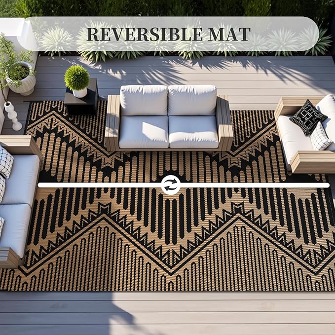 MontVoo Outdoor Rug-Waterproof Camping Rug Patio Rug Mat 6x9 Reversible Plastic Straw Outside Outdoor Rug for RV Camping Picnic Balcony Backyard Pool Deck Porch Modern Boho Black Brown