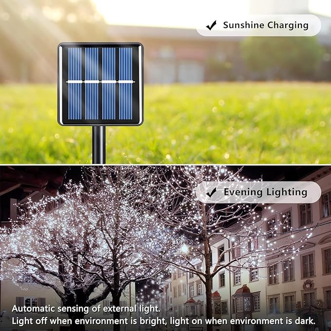Voolex 4-Pack Solar Christmas String Lights Outdoor - 100LED 33FT Solar Powered LED String Light Waterproof with 8 Modes for Garden, Fence, Holiday, Party, Balcony, Xmas Decorations Cold White