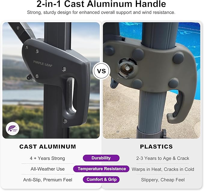 PURPLE LEAF 10 FT Cantilever Patio Umbrella Outdoor Aluminum Offset Square Umbrella with 3 Years Fade Resistance Recycled Fabric and 360-degree Rotation for Deck Pool Garden, Graphite Grey