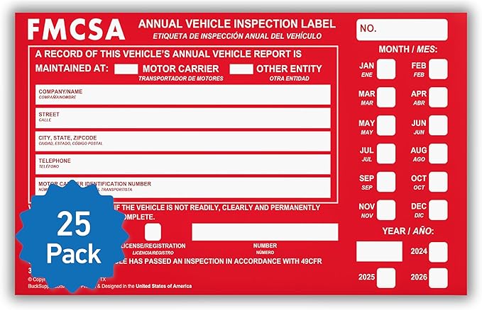 25 Pack Buck Aluminum Annual Vehicle Inspection Label with Punch Boxes, 2 Mil Red FMCSA Self Adhesive Sticker, DOT Compliant, Weatherproof, Tear Resistant, Easy to Write On, 6" x 3.5" - Made in USA
