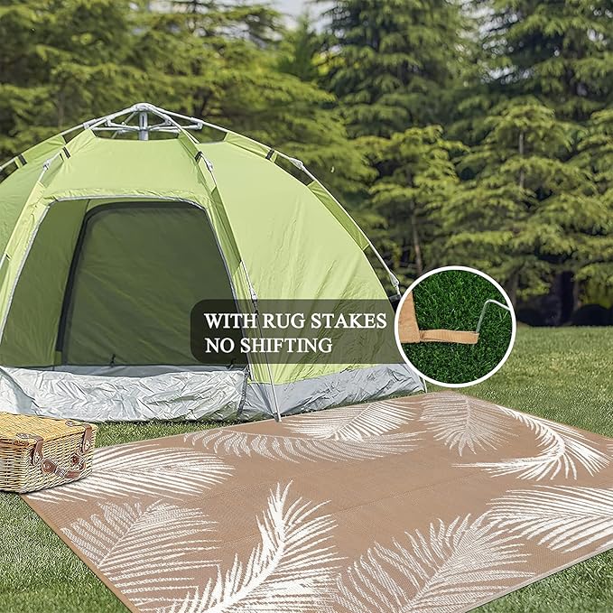 Pauwer Waterproof Outdoor Rug 5x8, Reversible Plastic Straw Patio Camping Rug, Indoor Outdoor RV Mat Carpet for Deck, Camper, Porch, Balcony, Backyard, Picnic, Leaf Brown