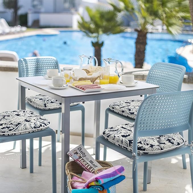 Indoor/Outdoor Chair Cushions 16x17 Inch, Patio Chair Cushions with Ties, All Weather Seat Cushions for Patio Furniture Home Garden Chair Use, Set of 2,Damask Lapis