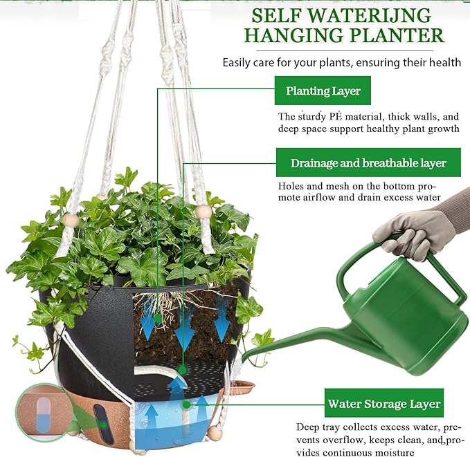 10 Inch Hanging Planters for Indoor Plants, 2 Pack Self Watering Hanging Baskets Flower Pots with Drainage Hole, Visual Reservoir & 2 Kinds of Plant Hanger for Outdoor Garden Home Decor（Black）