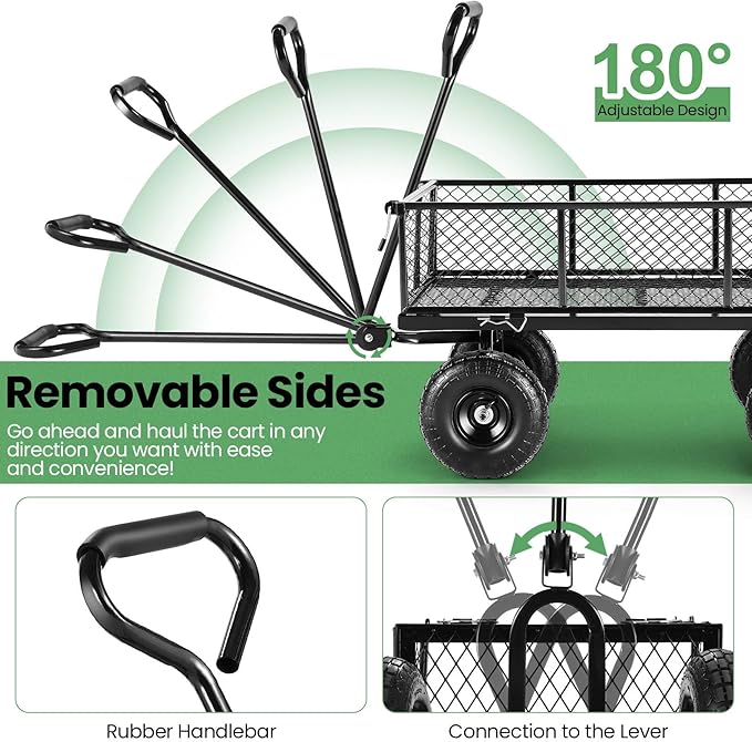 Homdox 660LB Garden Cart on Wheels, Heavy Duty Yard Wagon with 180° Rotating Handle, Mesh Foldable Garden Wagon Outdoor Utility Carts for Camping, Sports, Garden, Beach, Farm, Fishing, Black