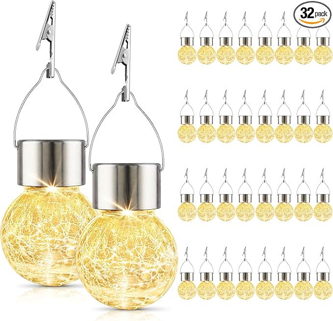 Solar Lights Outdoor Decorative 32 Pack, Hanging Solar Garden Lights Waterproof, Solar Powered Globe Lantern Cracked Glass Ball Lights for Yard Patio Fence Tree Umbrella Holiday Decoration, Warm White