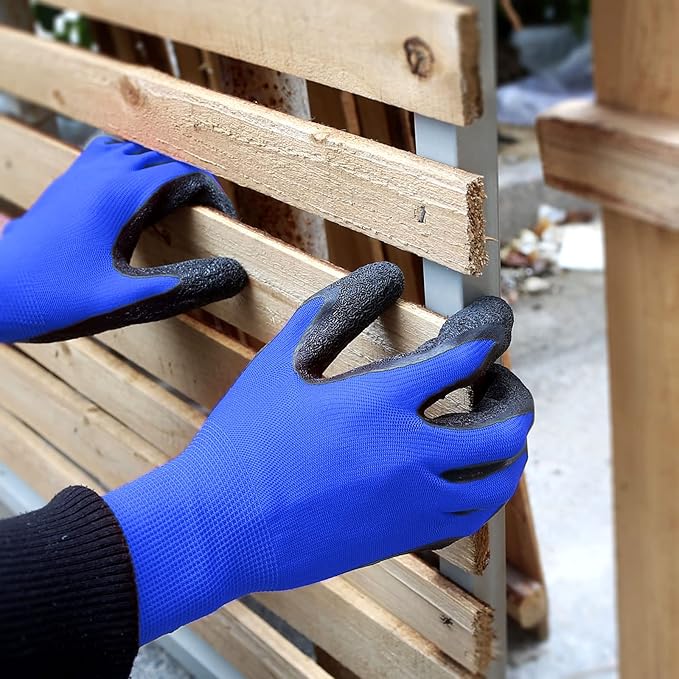 Evridwear Crinkle Latex Rubber Hand Coated Safety Work Gloves for Men Women General Multi Use Construction Warehouse Gardening Assembly Landscaping (Large,Blue- 12Pair)