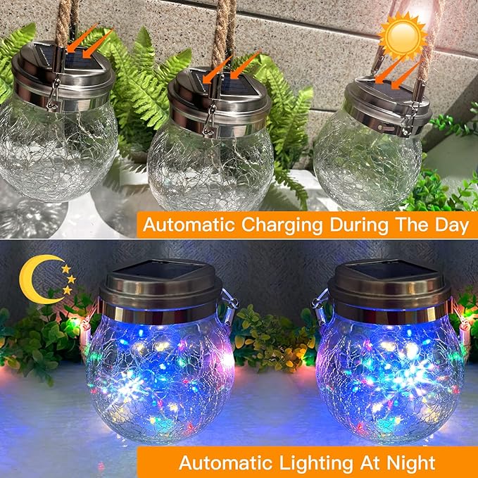 Outdoor Hanging Solar Lights,2 Pack 30 LED Solar Cracked Glass Ball Lanterns with Handle,Waterproof Solar Decorative Lights for Garden Patio Yard Christmas Wedding Party Decor(Colorful)
