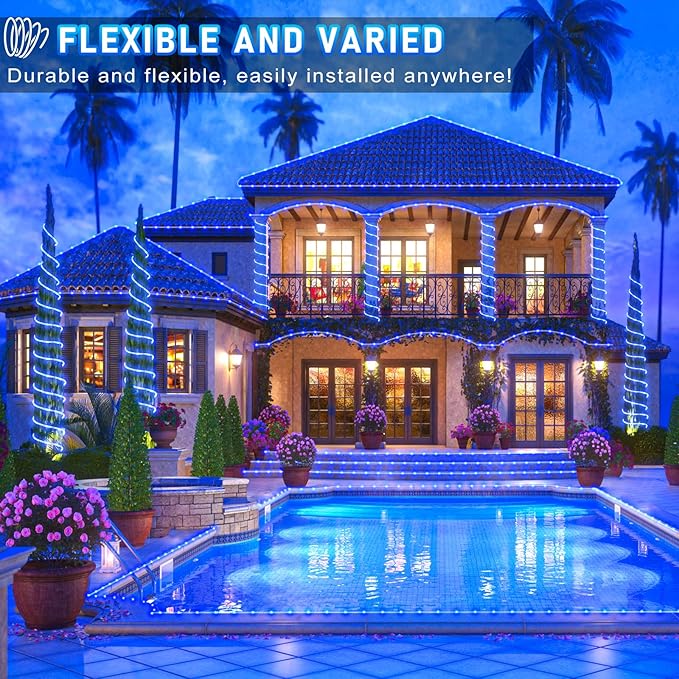 Rope Lights for Outside, 100FT 300 LED Christmas String Lights with Waterproof 8 Modes, Flexible and Connectable Plug in Fairy Lights for Outdoor Indoor Bedroom Patio Party Wedding Decorations, Blue