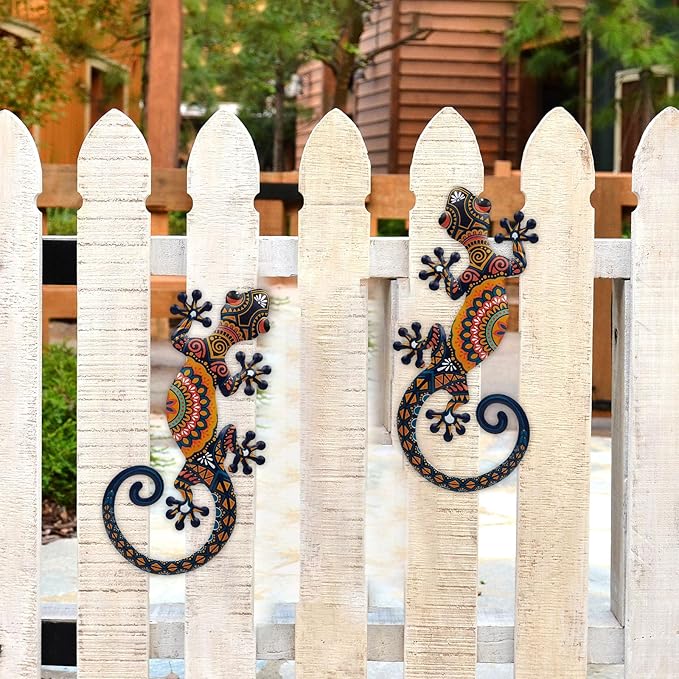 LIFFY Metal Lizard Gecko Wall Art - 2 Pack 15 Inch Metal Wall Decor, Lizard Outdoor Hanging Glass Sculpture Decoration for Yard Garden Art, Patio Fence Home, Unique Gift Ideas