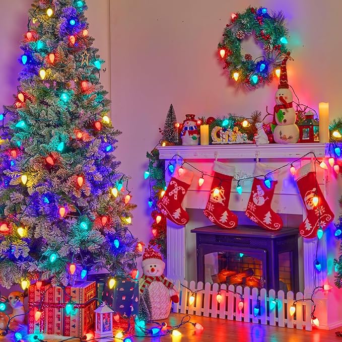 Brightown C9 LED Christmas String Lights, 66ft Multi-Color Outdoor Lights String with 100 Smooth Opaque Bulbs, Plug-in Vintage Roofline Lights String for Outside Patio Christmas Holiday Decor