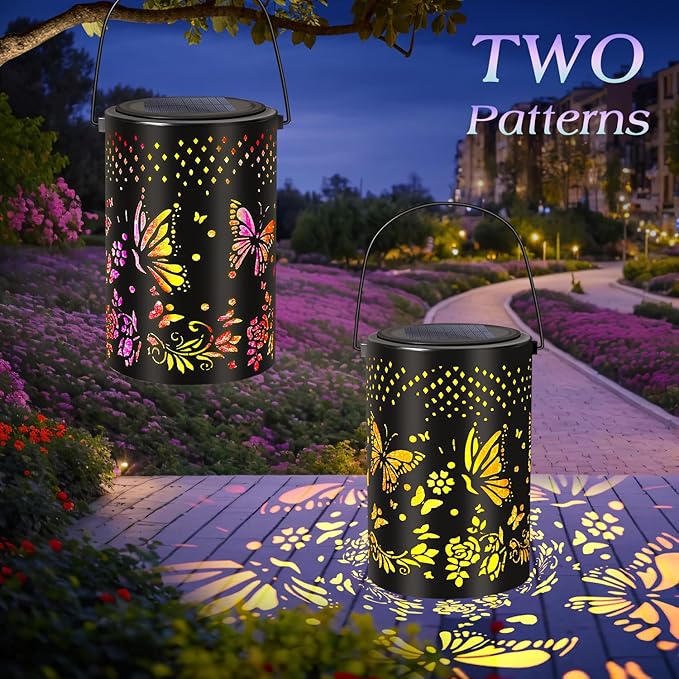 Solar Lantern Butterfly Outdoor Waterproof,Two Lighting Modes Garden Decor Christmas Gifts for Women Mom Grandma Hanging Solar Lights Metal Decor for Outside,Backyard,Patio