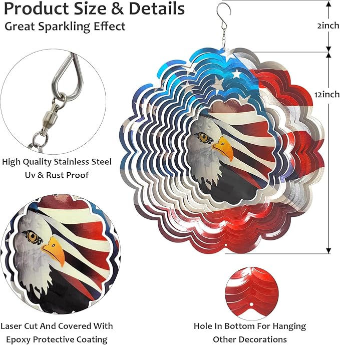 Wind Spinner - American Flag Eagle Wind Spinners, Hanging Wind Sculptures, 12in 3D Metal Birds Wind Catcher, Outdoor Garden Decor Yard Art Patriotic Decoration Eagle Gifts for Men Women