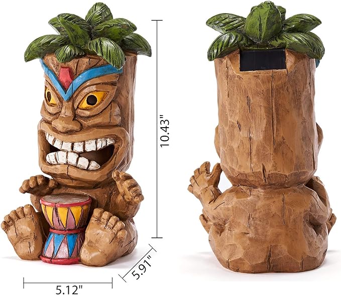 Outdoor Tiki Statue Decoration-Solar Power Light Tiki Garden Statues-Tiki Bar Decor Totem Pole Waterproof Figurines for Garden,Patio,Balcony,Yard,Lawn Ornament,10.43 Inch Tall