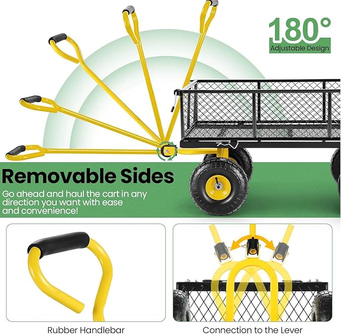 Homdox MAX 880 Lbs Garden Cart, Heavy Duty Foldable Mesh Steel Garden Wagon with 180° Rotating Handle and 10 Inch Tires, Pullable Yard Cart for Yard Garden Beach Farm, Yellow with Bag