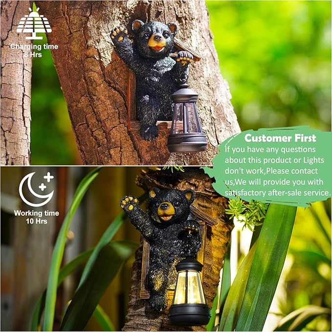 Black Bear Decor with Solar Lantern Tree Hugger - 7 Inch Bear Statue Outdoor Garden Yard Decor,Best Bear Garden Gifts for Mom,Women