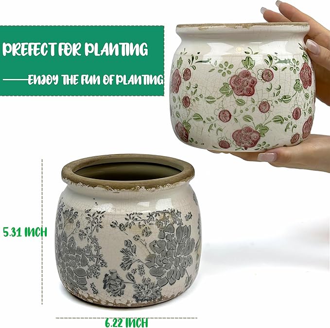 Vintage Red Ceramic Ice Crack Flower Pot with Drainage Holes, Country Rustic Planters for Indoor and Outdoor,Tuscan Decor,Home,Living Room, Garden Decor, Gardening Gift