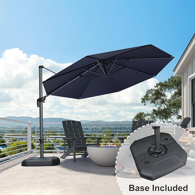 PURPLE LEAF 11 Feet Patio Round Cantilever Umbrella with Base Outdoor Aluminum Offset Umbrella with 360-degree Rotation for Pool Patio Garden Deck Navy Blue