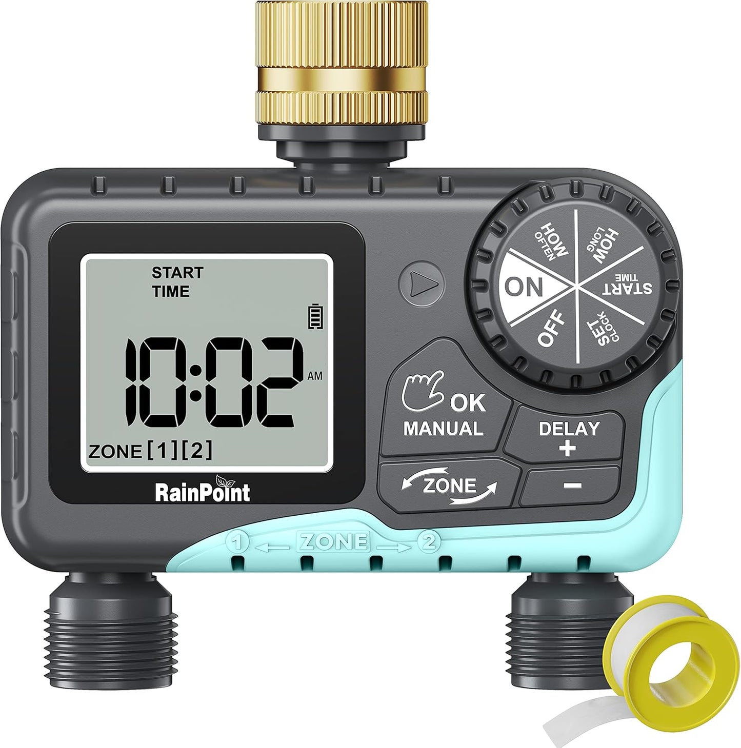 RAINPOINT Sprinkler Timer 2 Outlet, Water Timer for Garden Hose, Drip Irrigation Timer for Yard Outdoor Watering, Rain Delay/Manual/Automatic System Controller Brass Inlet, V2