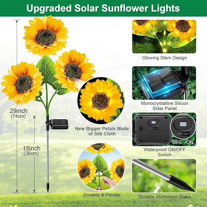 Solar Garden Lights for Outside, 2024 Upgraded Solar Outdoor Lights with 18 Beautiful & Realistic Sunflower Lights, Bright Waterproof Yard Lights for Patio Outdoor Garden Decor