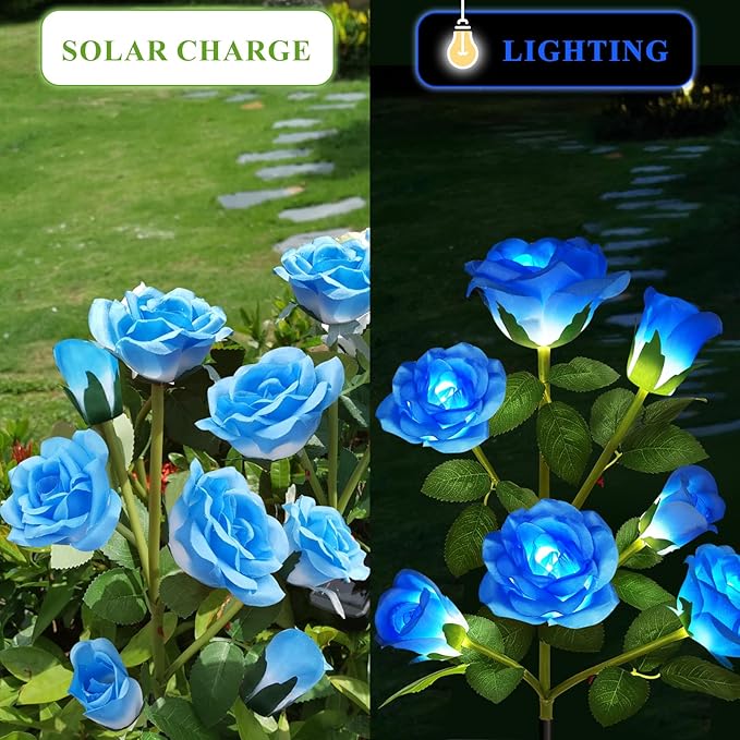 DWH 2 Pack Solar Garden Lights Outdoor, 7-Flower Rose LED Stake Light for Yard Patio Pathway Lawn Fence Cemetery, Blue