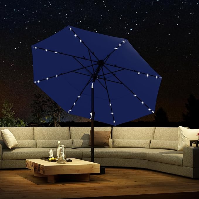 Kingdura 10ft 3-Tier Patio Umbrella with Solar Lights, Table Umbrella Outdoor Patio with Easy Crank & Tilt, 8 Sturdy Ribs, UV Protection, 32 LED Lights for Deck, Poolside, Market (Navy blue)