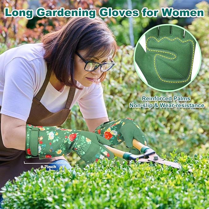 DLY Gardening Gloves,Leather Rose Gloves,Women's Long Glove for Gardening Work and Yard Work,Durable and Comfortable(Small, Green