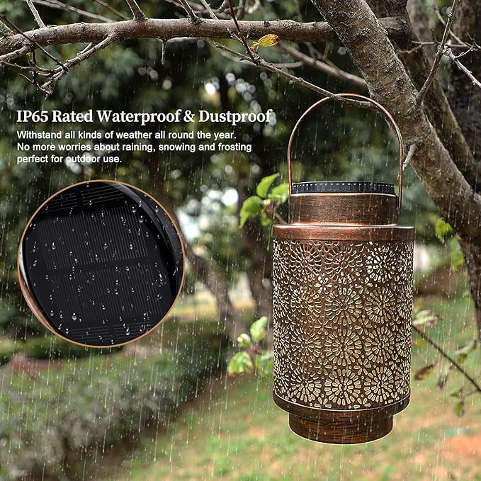 2 Pack Solar Lanterns Outdoor Waterproof, Hanging Led Lantern Garden Decorative, Metal Decorative Garden Lights, Solar Outdoor Lights Decor for Table Patio Garden Yard Pathway, Bronze, T00012