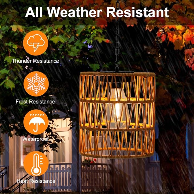 Solar Chandelier Lantern,Outdoor Rattan Pendant Lights,Waterproof Boho Hanging Lamps with Edison Bulb for Gazebo Tree Porch Yard Porch Patio Garden Backyard Decor