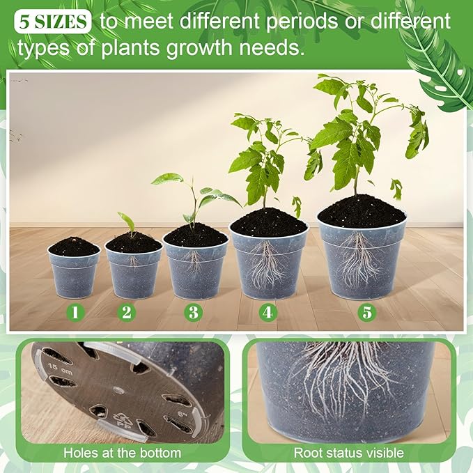 Vesici Large Size Clear Nursery Pots Variety Pack Plant Pots with Drainage Holes Planters for Indoor Plants Flexible Transparent Plastic Plant Bottle Succulents(32 Pcs,3/4/5/6/7 Inch)