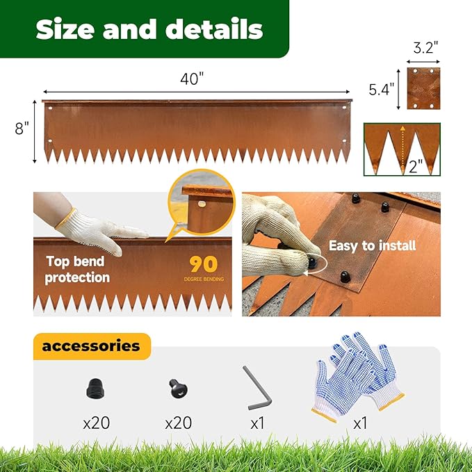 Cortens Steel Garden Metal Landscape Edging 40 inch with Top Bending Protection Pre-Rusted Cortens Steel Garden Edging 8 Inch Depth 90 Degree Bend 6 Pack for Lawn Yard (8 inch-90 Degree Bend, Rusted)