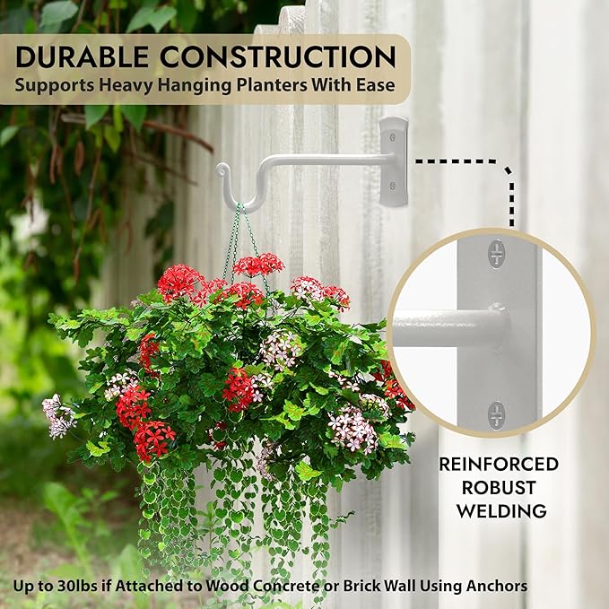 RTZEN Plant Hangers Outdoor or Indoor - Wrought Iron Metal Hanger Indoor Hook - Heavy Duty Wall Bracket Hooks for Hanging Plants Baskets Lanterns Wind Chimes - 2 Pack (White Shepherds Hooks)