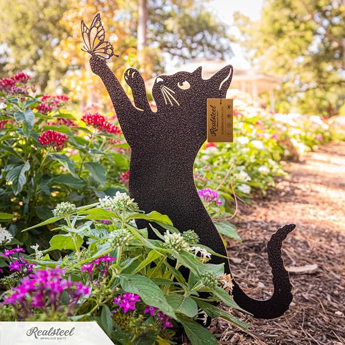 RealSteel I 3 Pack Steel Cat Garden Decor I Outdoor Yard Decorations I Gift for Cat Lovers I Lawn Ornaments and Statues I Garden Signs Decorative Outdoor - Gold