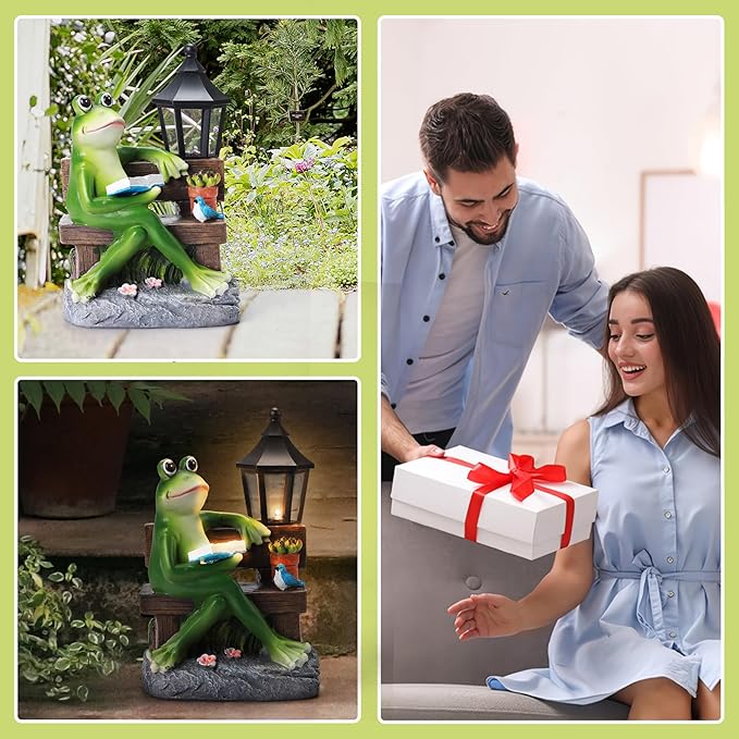 Outdoor Resin Reading Frog Statues, Solar Frog Garden Statues, Garden Frogs Outdoor Decor for Lawn, Balcony, Yard Decoration, Frog Gifts for Mom, Grandma, Wife