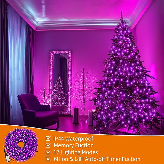 Christmas Light 1000 LEDs 336ft Green Cable Wire Fairy String Tree Twinkle Lights IP44 Waterproof 12 Modes for Christmas Party, Halloween, Outdoor, Garden, Wedding, Home Decoration (Purple)