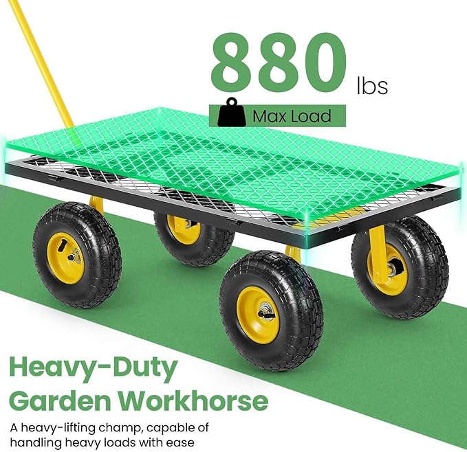 Homdox MAX 880 Lbs Garden Cart, Heavy Duty Foldable Mesh Steel Garden Wagon with 180° Rotating Handle and 10 Inch Tires, Pullable Yard Cart for Yard Garden Beach Farm, Yellow with Bag