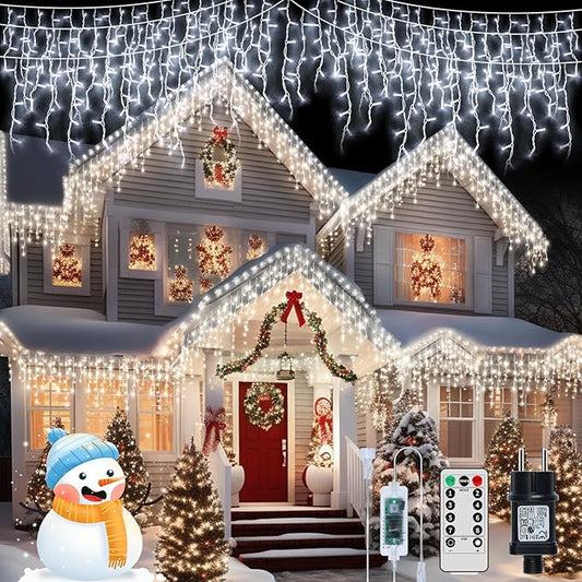 XZAI 800LED 50FT, Icicle String Lights, Plug-in, Cool White, Christmas Party Decors, Connectable, Memory, Remote, 8 Modes, Timer, Dimmable, IP65 Waterproof, Hanging Light for Outdoor & Indoor Use