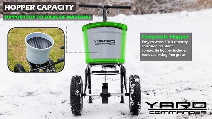 Yard Commander - Commercial 50 LB Walk-Behind Push Broadcast Spreader - 10-12 Foot Spread - Fertilizer, Salt & Grass Seed - Clog Free Design - Fully Enclosed Gear Box - Adjustable Drop Rate