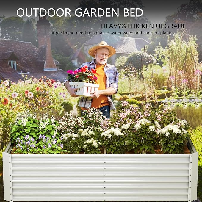 8x4x2ft Galvanized Raised Garden Bed Outdoor, Metal Garden Bed for Vegetables, Above Ground Garden Box for Flower, Steel Raised Beds for Gardening - White