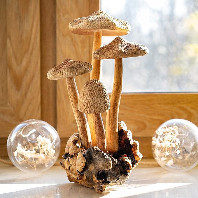 Curawood Wooden Mushrooms Sculpture for an Ornate Touch - Handcrafted 9" Mushroom Statue with Intricate Details - Authentic Garden Mushrooms Decorative Centerpiece - Artisan Cottagecore Mushroom Decor