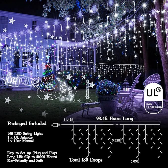 98FT 960LED Christmas Lights Waterproof 8 Modes Christmas Lights Outdoor Decoration with Memory and Timer Hanging Fairy Lights Plug-in Curtain String Lights for Holiday Party Wedding Home