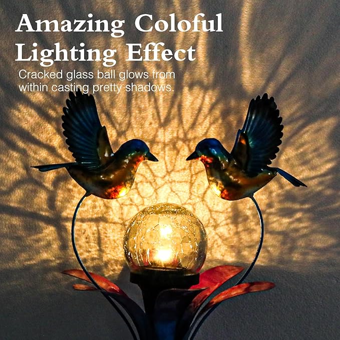 VCUTEKA Solar Lights Outdoor Metal Garden Stake Waterproof Crackle Glass Globe Garden Decor Blue Jay Bird for Pathway, Lawn, Patio, Yard