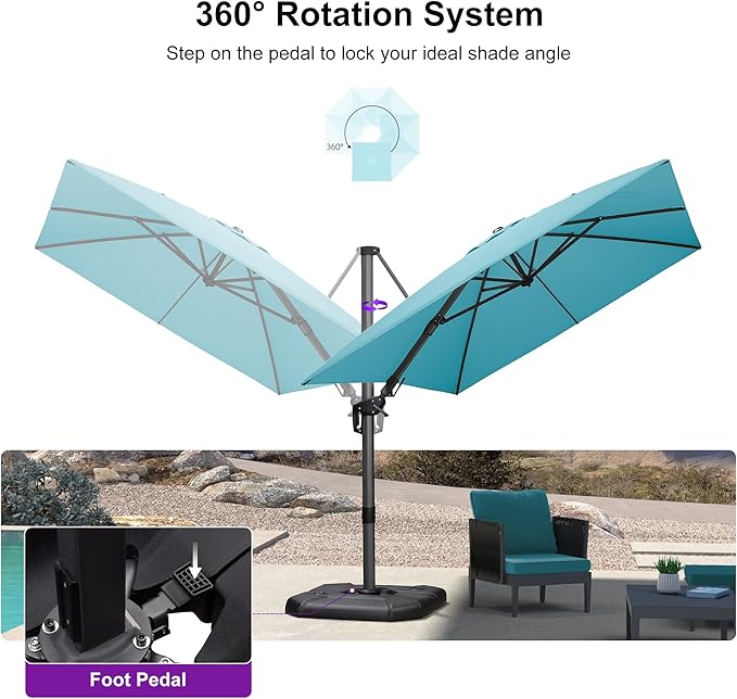 PURPLE LEAF 8.2' X 11.5' Tilting Patio Umbrella with Base Outdoor Cantilever Swivel Rectangle Umbrella Aluminum Offset Umbrella with 360-degree Rotation for Garden Deck Pool Patio Turquoise Blue