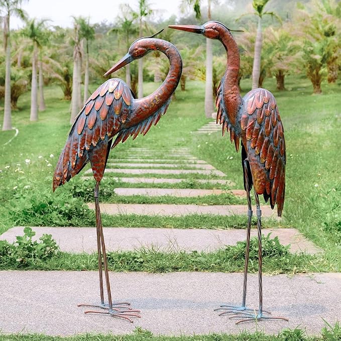 Kircust Metal Crane Statues - Set of 2 Bronze Heron Sculptures for Garden, Patio, or Yard Decor - 27.56" Tall Weatherproof Outdoor Art