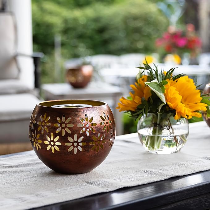 5.4” 2-Pack Decorative Metal Solar Patio Light with Flickering Flame, Waterproof Dusk-to-Dawn Garden Lantern, Bronze/Copper