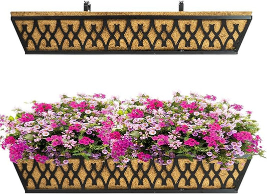 2 Pack 30 Inch Window Boxes Planters Railing Planter Box with Adjustable Brackets for Porch Fence Patio Balcony Hanging Flower Baskets with Coco Liners for Outdoor Garden Decor - Black