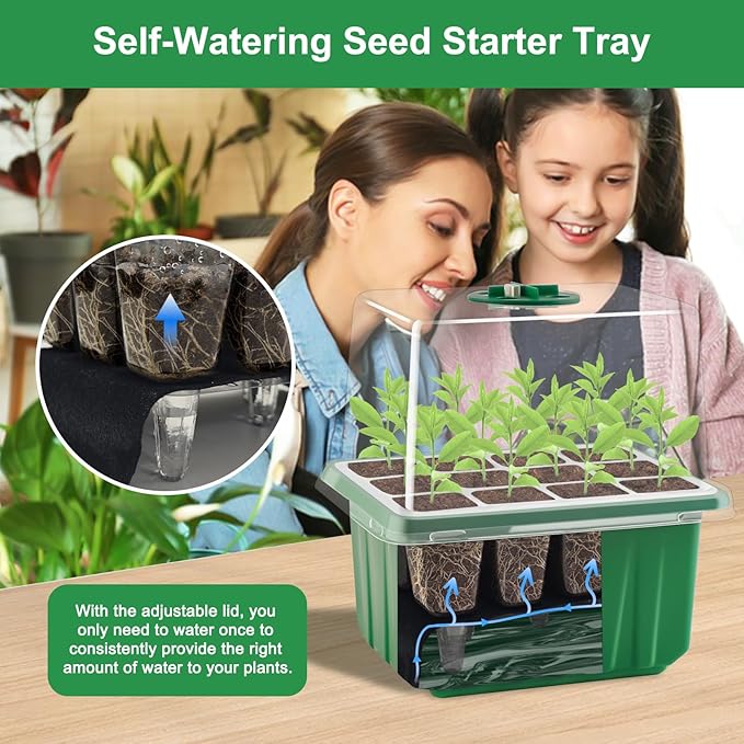 Self-Watering Seed Starter Tray with Timed Grow Light, 6 Packs Plant Starter Tray Seedling Starter Kit with Humidity Domes Base Indoor Mini Greenhouse for Gardening Seeds Growing Starting