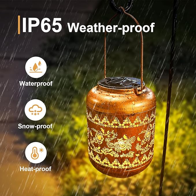 2Pack Bee Solar Lanterns Outdoor Hanging Waterproof Lanterns Garden Decor Christmas Gifts for Women Mom Grandma Metal Solar Lights Decoration Outside for Yard, Patio,Pathway Landscape
